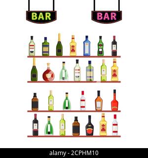 Insegne al neon Bar e scaffali con bottiglie di alcol illustrazione vettoriale. Bottiglia di alcol sul ripiano bar, champagne e cognac Illustrazione Vettoriale