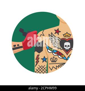 Icona Tattoo studio. Artista tatuista dipinge corpo uomo con macchina tatuatrice piatta illustrazione vettoriale. Logo per tatuaggio master studio Illustrazione Vettoriale