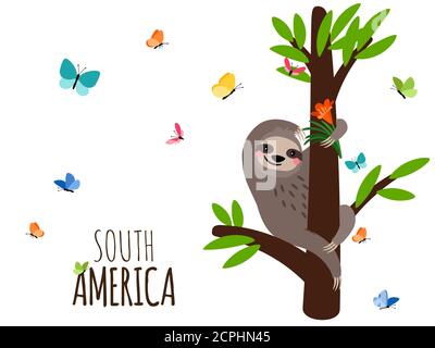 Bandiera di benvenuto del Sud America con sloth, fiori e farfalle. Mammifero carattere selvaggio, esotico lento e pigro. Illustrazione vettoriale Illustrazione Vettoriale