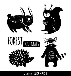 Silhouette vettoriali di animali da foresta bianchi e neri. Illustrazione di lepre e hedgehog, scoiattolo e raccoon Illustrazione Vettoriale