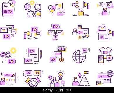Set di icone di linee di colori per il branding. Promozione e pubblicità. Canali di distribuzione. Pittogrammi per pagina Web, app mobile, promo. Elementi di progettazione GUI UI UX Illustrazione Vettoriale
