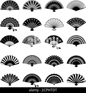Silhouette dei fan orientali. Simboli delle ventole della carta Vector in cinese o giapponese isolati su sfondo bianco Illustrazione Vettoriale