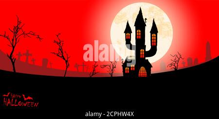 File vettoriale EPS che mostra il castello scuro spooky di fronte a. una luna piena con pietre di tomba e altro spaventoso illustrato Elementi per sfondo Halloween Lay Illustrazione Vettoriale