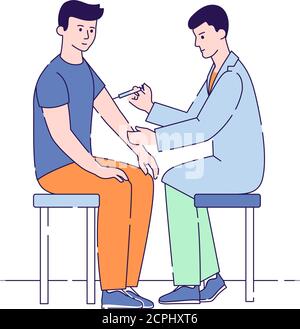 Medico uomo che dà vaccinazione libera di influenza shot a mano paziente maschio illustrazione vettoriale piatta. Trattamento, prevenzione e immunizzazione. Cartone animato isolato Illustrazione Vettoriale