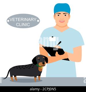 Veterinario e cane sul tavolo di esame in clinica di veterinario. Concetto vettoriale di clinica veterinaria. Veterinario cane e medico veterinario illustrazione Illustrazione Vettoriale