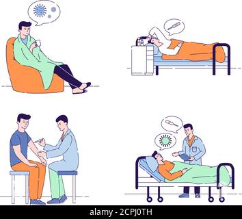 Uomo malato con una malattia fredda piatta vettore illustrazione. Vaccinazione. Paziente ricovero in ospedale. Trattamento domestico, riposo del letto. Sintomi di un raffreddore. Isolato Illustrazione Vettoriale