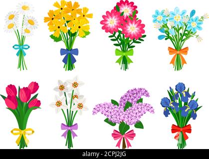 Fiori freschi bouquet. Bouquet estivo insieme isolato, fiori donna dono, tulipani e margherite, lilla e narcisi primavera mazzi illustrazione vettoriale Illustrazione Vettoriale