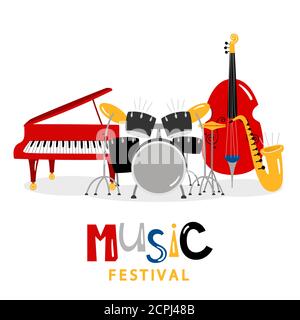 Sfondo del festival musicale con strumenti musicali a colori isolati su sfondo bianco. Illustrazione del festival musicale, dello strumento sonoro, del pianoforte e della tromba Illustrazione Vettoriale