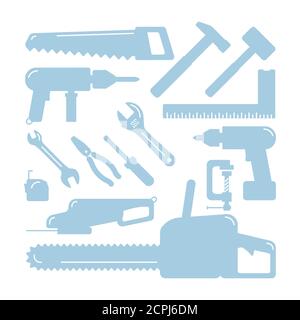 Strumenti sagome. Home Wizard Toolkit, vettore DIY blu icone su bianco. Chiave e martello, trapano e cacciavite, metro a nastro e sega Illustrazione Vettoriale