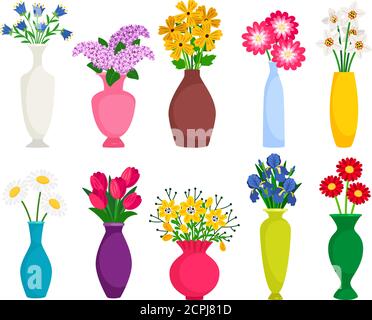 Set di vasi colorati con fiori in fiore per decorazione e interni. Camomilla, tulipano, papavero e lilla. Illustrazione vettoriale Illustrazione Vettoriale