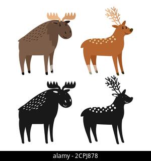 Fumetto personaggio alce e cervo e sagome animale illustrazione vettoriale. Silhouette di cervi e alci, renne e alci Illustrazione Vettoriale