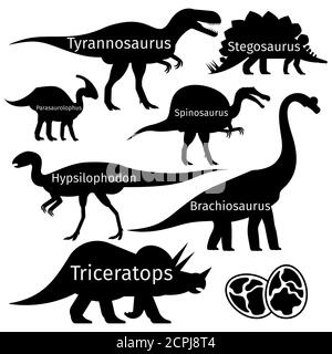 Tipi di sagome vettoriali dinosauri isolate su sfondo bianco. Illustrazione della silhouette nera dei dinosauri, rettile preistorico Illustrazione Vettoriale