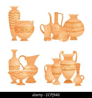 Vettore antichi vasi, bocce e calici isolati su sfondo bianco. Illustrazione di ceramica e anfora, ciotola e calice in terracotta Illustrazione Vettoriale