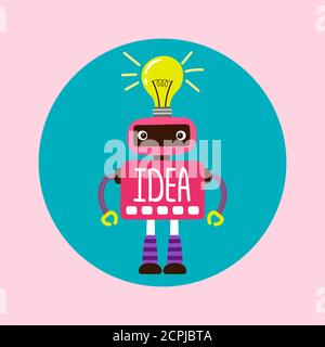 Robot cartone animato femminile con nuova illustrazione vettoriale idea. Idea di intelligenza, carattere artificiale, robot macchina e robot ai Illustrazione Vettoriale