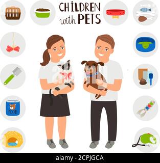 Bambini ragazzo e ragazza con animali domestici gatto e cane. Set di accessori per animali domestici. Illustrazione vettoriale Illustrazione Vettoriale