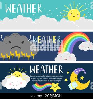 Banner meteo con simpatico cartoon sole, luna, nuvole modello vettoriale. Illustrazione di sole e luna, tempo con nube neve Illustrazione Vettoriale