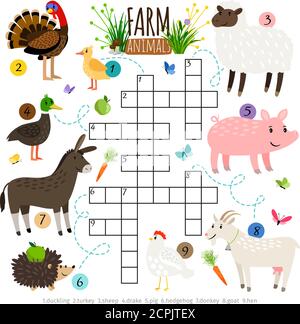 Crossword per bambini con animali da fattoria, illustrazione vettoriale Illustrazione Vettoriale