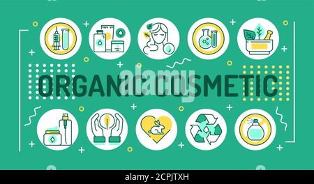 Tipografia di scrittura cosmetica organica di parola. Industria di bellezza. Infografiche con icone lineari su sfondo verde. Concetto di idea creativa. Isolato Illustrazione Vettoriale