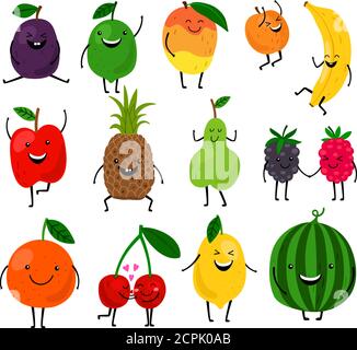 Frutta per bambini. Carino frutta caratteri vettoriale illustrazione, sano succo cartone animato kawaii frutti estivi isolato su sfondo bianco Illustrazione Vettoriale