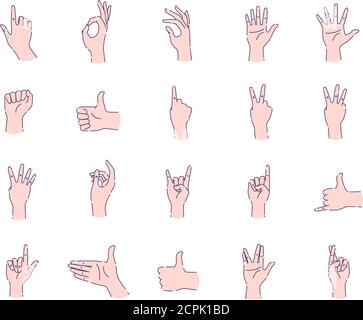 Gesti delle mani diverse delle icone della linea umana impostati. Pittogrammi per pagina Web, app mobile, promo. Elementi di progettazione GUI UI UX. Tratto modificabile. Illustrazione Vettoriale