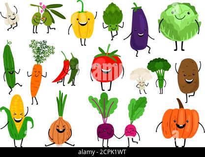 Verdure per bambini. Verdure di cartone animato mangiare per il bambino, simpatici carino veggies personaggi, kawaii sano ridendo carota sorridente zucca, vettore icone set Illustrazione Vettoriale