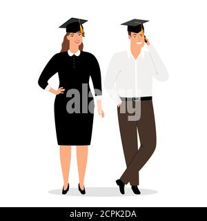 Laureati persone in abbigliamento ufficiale illustrazione vettoriale. Studenti laurea donna e uomo Illustrazione Vettoriale