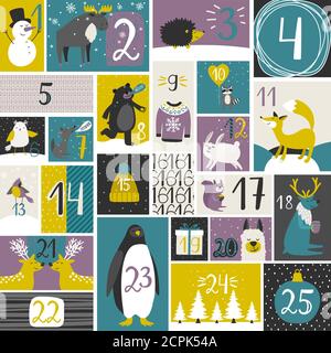 Calendario dell'avvento con cartoni animati animali della foresta, illustrazione vettoriale Illustrazione Vettoriale