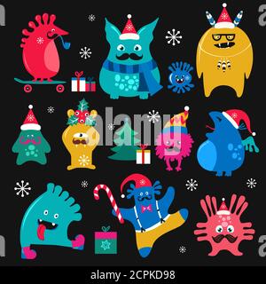 Simpatico set di mostri per le vacanze invernali. Creature fantasy divertenti, colorate Illustrazione Vettoriale
