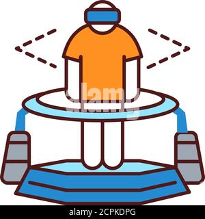 Icona della linea a colori della piattaforma di realtà virtuale. Uomo in VR gioco su casco su piattaforma. Cyberspazio, simulazione, interattivo. Pittogramma per pagina Web, app mobile Illustrazione Vettoriale