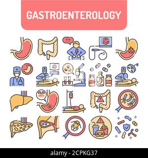Set di icone delle linee di colore per la gastroenterologia. Esame medico addominale. Pittogrammi per Web, app mobile, promo. Elementi di progettazione UI UX. Tratto modificabile. Illustrazione Vettoriale