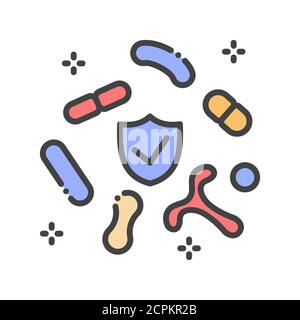 Icona della linea di colore della microflora intestinale umana sana. Batterie microscopiche nell'intestino. Accedi alla pagina Web, all'app mobile, al pulsante, al logo. Vettore isolato Illustrazione Vettoriale