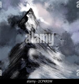 Acquerello montagne. Olio pittura .tempesta nuvole sulle montagne Foto Stock