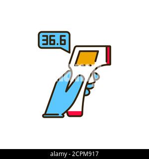 Il termometro a infrarossi misura l'icona della linea colorata della temperatura. Viaggiare in sicurezza. Pittogramma per Web, app mobile, promo. Elemento di progettazione UI UX Illustrazione Vettoriale