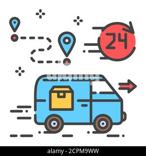 consegna 24 ore sotto l'icona della linea di colore della porta. Cartello trasporto merci. Spedizione espressa. Firma per pagina Web, app. Elemento di progettazione GUI UI UX. Modificabile Illustrazione Vettoriale