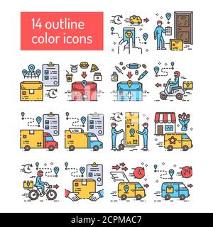 Set di icone della linea dei colori di consegna. Trasporto merci. Spedizione espressa. Servizi di corriere. Segni per pagina web, app. Elemento di progettazione GUI UI UX. Modificabile Illustrazione Vettoriale