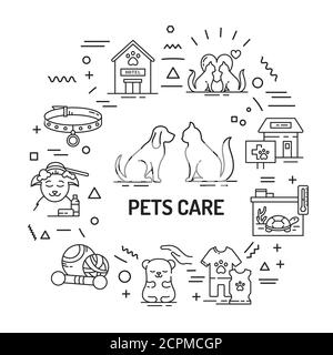 Banner web per la cura degli animali domestici. Servizi per animali domestici. Infografiche con icone lineari su sfondo bianco. Concetto di idea creativa. Profilo isolato nero Illustrazione Vettoriale