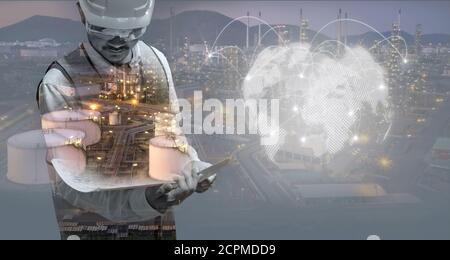 Progettazione del concetto di rete di comunicazione. Industria degli impianti di raffineria di petrolio e gas. Foto Stock