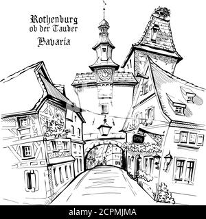 Disegno vettoriale di Markusturm nel centro storico medievale di Rothenburg ob der Tauber, Baviera Illustrazione Vettoriale