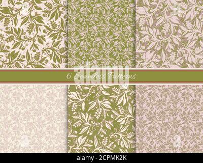 Set di 6 motivi floreali senza cuciture con foglie e bacche in discreto verde-rosa, disegnati a mano e digitalizzati. Design per carte da parati, tessuti, tessuti. Illustrazione Vettoriale
