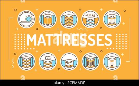 Diversi tipi di materassi di scrittura di parole tipografia. Infografiche con icone lineari su sfondo giallo. Concetto di idea creativa. Contorno isolato Illustrazione Vettoriale