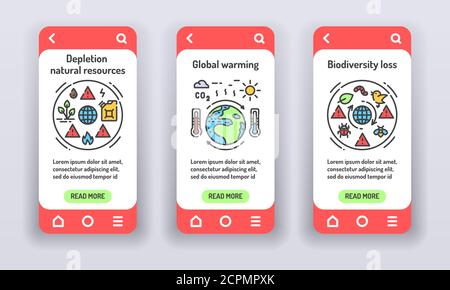 Problemi ecologici sulle schermate di inserimento delle app mobili. Problema ambientale. Banner per sito web su sfondo bianco e sviluppo di kit per dispositivi mobili. GUI UI UX Illustrazione Vettoriale