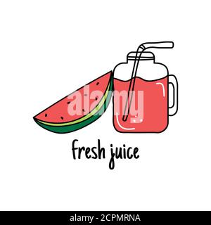 Modello di disegno banner, poster, icone frullati cocomero. Illustrazione di succo di anguria bere me. Cocktail di frutta fresca al cocomero. Vettore Illustrazione Vettoriale