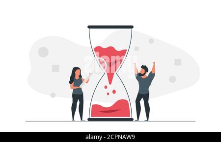 Illustrazione vettoriale del concetto di tempo di lavoro con clessidra. Freelance di sesso maschile e femminile online Illustrazione Vettoriale