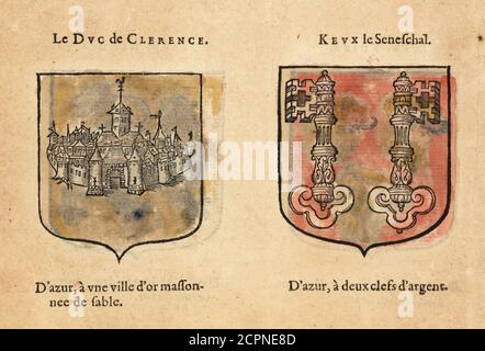 Stemmi immaginari dei Cavalieri della Tavola rotonda di Re Artù: Galeschin, Duca di Clarence, con la città d'oro, e Sir Kay con le chiavi d'argento. Chevaliers de la table ronde: Le DUC de CLERENCE, KEUX le Seneschal. Incisione a blocchi di legno colorato a mano da le Blason des Armoiries di Hierosme de Bara, Chez Rolet Bouton, Parigi, 1628 Foto Stock