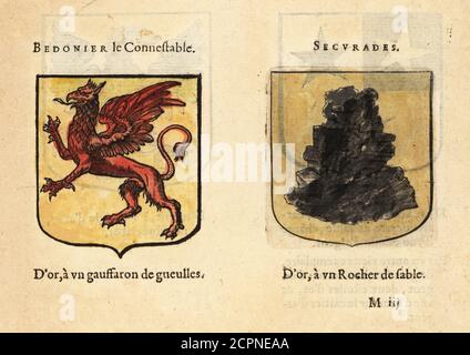 Stemmi immaginari del primo Capitolo dei Cavalieri della Tavola rotonda di Re Artù: Bedoniere il Constable con grifone rosso, e Segurades de Mont Grand, con roccia nera. Chevaliers de la table ronde: BEDONIER le Connestable, SECURADES. Incisione a blocchi di legno colorato a mano da le Blason des Armoiries di Hierosme de Bara, Chez Rolet Bouton, Parigi, 1628 Foto Stock