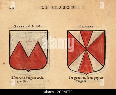 Stemmi immaginari dei Cavalieri del Re Artù della Tavola rotonda: Guivret il piccolo con argento e rosso e Banyer., Chevaliers de la table ronde: Guiret de la Bale, Bamers. Incisione a blocchi di legno colorato a mano da le Blason des Armoiries di Hierosme de Bara, Chez Rolet Bouton, Parigi, 1628 Foto Stock