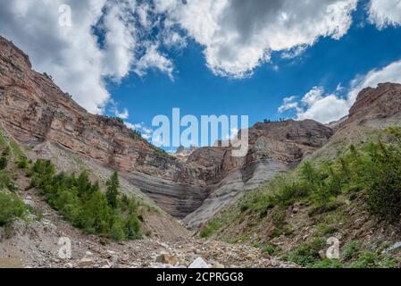 Aldein, Provincia di Bolzano, Alto Adige, Italia. Geoparc Bletterbach. Il Gorz, la fine della gola di Bletterbach Foto Stock