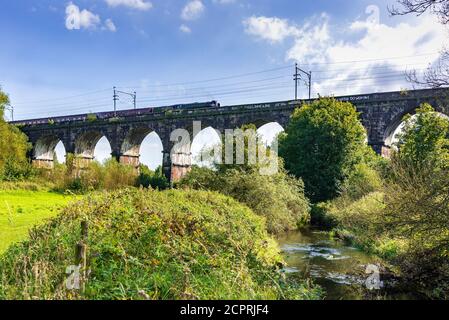 La locomotiva a vapore Tornado visto attraversare il Viadotto della Valle di Sankey Sopra il torrente Sankey con il tour ferroviario "Ticket to Ride" Da Darlington a Liverpo Foto Stock