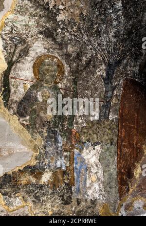 Scena dal Giudizio universale, pittura murale del 12 ° secolo, nartece della Chiesa dell'Assunzione, monastero grotta di Wardsia, Monti Erusheti Foto Stock