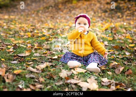 Baby girl in giacca gialla e archetto rosso seduta sull'erba, giocando nelle foglie autunnali. Foto Stock